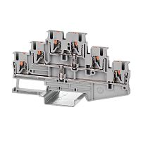 Клемма трехуровневая, зажим push-in, 6 точек подключения с перемычкой между уровнями, 2.5 кв.мм, серая | код VPR-2.5-3L-PV-GY | DKC