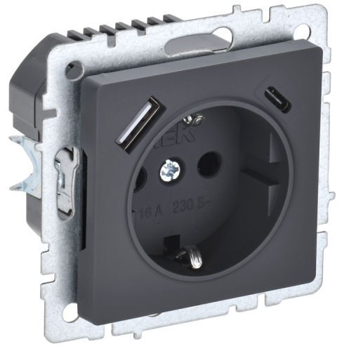 BRITE Роз. с з/к/ш 16А с USB A+C 18Вт РЮш11-1-БрГ граф. IEK | код BR-R14-16-U22-018-K53 | IEK