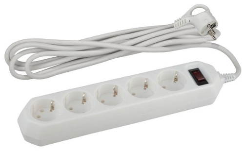 Удлинитель с сетевым фильтром 5х3м с заземл. 10А IP20 ПВС 3х0.75 с выкл. бел. | код Б0019033 | ЭРА