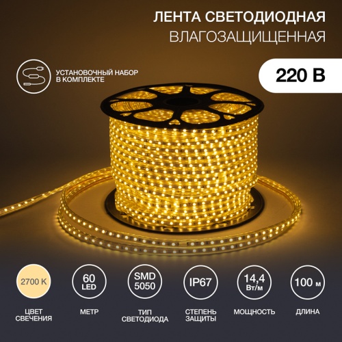 LED лента 220 В, 13х8 мм, IP67, SMD 5050, 60 LED/m, цвет свечения теплый белый | код 142-106 | NEON-NIGHT LED лента 220 В, 13х8 мм, IP67, SMD 5050, 60 LED/m, цвет свечения теплый белый | код 142-106 | NEON-NIGHT