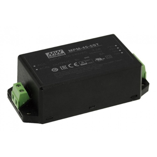 Источник питания AC-DC, 40Вт, вход 80…264В AC, 47…63Гц / 113…370В DC, выход 5В/8000мА, КПД 88%, ток утечки <100мкА/264В AC, изоляция 4000В AC, в корпусе 109х52х33.5мм, -30…+80С, клем. колодка | код MPM-45-5ST | MeanWell Источник питания AC-DC, 40Вт, вход 80…264В AC, 47…63Гц / 113…370В DC, выход 5В/8000мА, КПД 88%, ток утечки <100мкА/264В AC, изоляция 4000В AC, в корпусе 109х52х33.5мм, -30…+80С, клем. колодка | код MPM-45-5ST | MeanWell