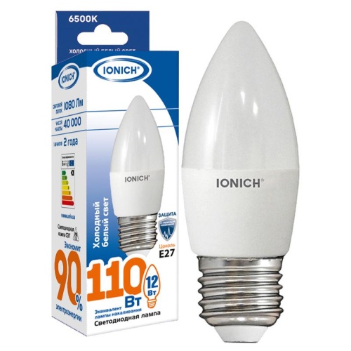 Лампа светодиодная IONICH декоративного освещения свеча C37 12Вт 1080Лм 230В 6500К E27 | код 1909 | Universal