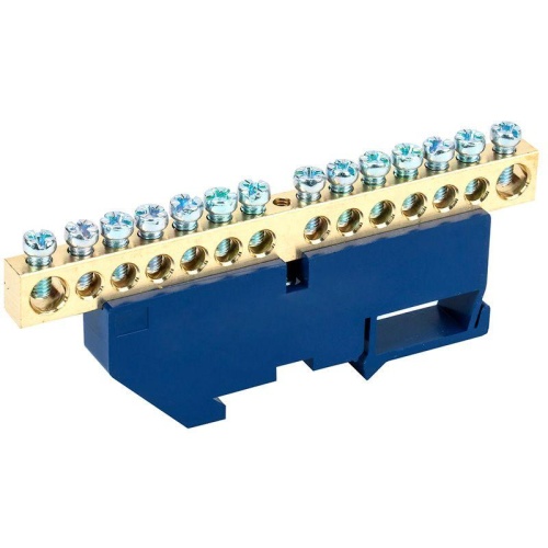 Шина ''N'' нулевая с синим изолятором на DIN-рейку 8x12 мм стойка бол. 14 групп, REXANT | код 11-2350 | REXANT