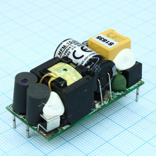 Источник питания AC-DC, 15.1Вт, вход 80...264В AC 47...440 Гц, выход 24В/0.63А, изоляция 4000В AC, на плате 49х23.8х23мм, -35...+85C | код MFM-15-24 | MeanWell