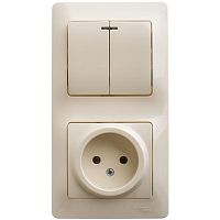 Блок: выключатель 2-клавишный и розетка GLOSSA, скрытый монтаж, бежевый | код. GSL000273 | Schneider Electric
