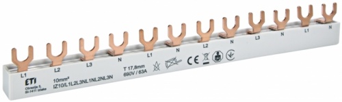 Шина питания IZ 10/L1L2L3N-L1NL2NL3N (10мм2, 3P+N, 0.21м, Fork, 12mod.) | код 002921275 | ETI Шина питания IZ 10/L1L2L3N-L1NL2NL3N (10мм2, 3P+N, 0.21м, Fork, 12mod.) | код 002921275 | ETI