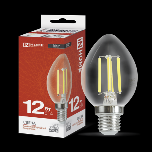Лампа светодиодная LED-СВЕЧА-deco 12Вт 230В Е14 4000К 1350Лм прозрачная IN HOME | код 4690612053677 | IN HOME Лампа светодиодная LED-СВЕЧА-deco 12Вт 230В Е14 4000К 1350Лм прозрачная IN HOME | код 4690612053677 | IN HOME