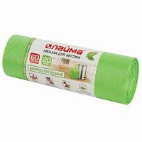 Мешки для мусора биоразлагаемые 60 л зеленые в рулоне 20 шт. прочные, ПНД 15 мкм, 60х70 см, LAIMA, 601401 | код 601401 | LAIMA