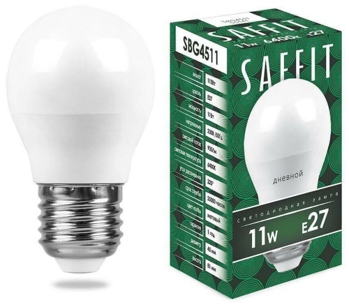 Лампа светодиодная LED 11вт Е27 дневной матовый шар (SBG4511) | код 55141 | SAFFIT