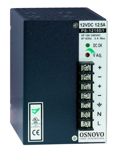 Блок питания промышленный. DC12V, 12,5A(150W). Диапазон входных напряжений AC100-240V. КПД 80% | код PS-12150/I | OSNOVO
