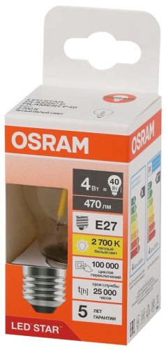 Лампа светодиодная филаментная LED Star Шарообразная 4Вт (замена 40Вт), 480Лм, 2700К, цоколь E27 OSRAM (4058075684607) фото 3 Лампа светодиодная филаментная LED Star Шарообразная 4Вт (замена 40Вт), 480Лм, 2700К, цоколь E27 OSRAM (4058075684607) фото 3