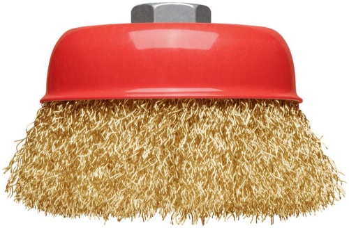 Корщетка-чашка, гайка М14, стальная латунированная волнистая проволока 100 мм, блистер | код 39093 | FIT фото 6