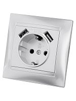 Розетка 2П+З 16А 250В + 2 USB порта 2,1А 5В металлик Лама TDM | код SQ1815-0242 | TDM