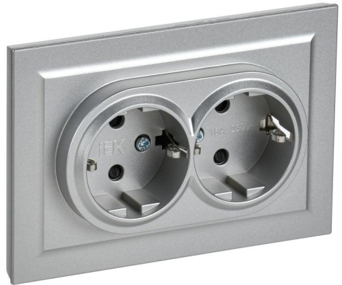 BRITE Розетка 2-местная с заземлением с защитными шторками 16А в сборе РСш12-3-БрА алюминий | код BR-R24-16-K47-F | IEK