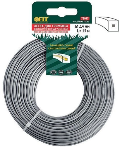Леска для садовых триммеров усиленная, полиамидная жила, ''Квадрат'' 2,4 мм х 15 м | код. 78047 | FIT РОС