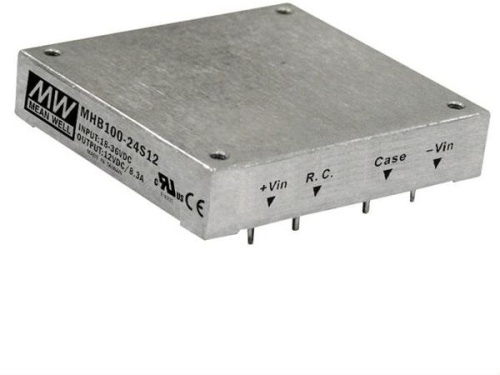 Источник питания DC-DC, 100Вт, вход 36…75В, выход 24В/4.17А, рег.выхода ±10% Uном, изоляция 1500В DC, в корпусе на печатную плату 57.9х61x12.7мм, -40…+100С, дист вкл/выкл | код MHB100-48S24 | MeanWell