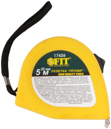 Рулетка Профи 5мх25мм калибр. лента; нейлон. покрытие; магн. крючок; эласт. корпус; двойн. стопор черн/желт. FIT 17426 фото 2