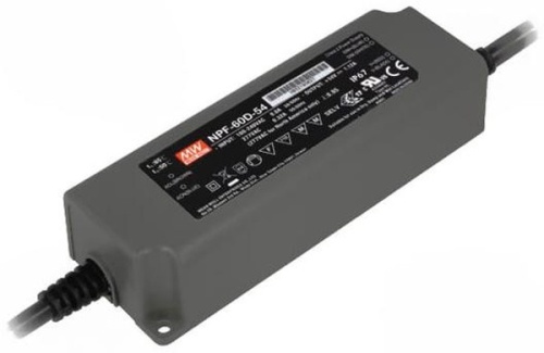 Источник питания AC-DC, 60.5Вт, вход 90…305В AC, 47…63Гц /127…431В DC, выход 54В/1.12A, ККМ, изоляция 3750В AC, в кожухе 150х53х35мм, -40…+70С, функция димминга | код NPF-60D-54 | MeanWell