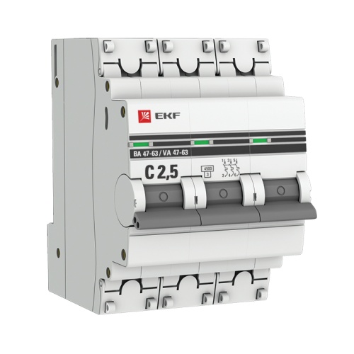 Автоматический выключатель 3P 2,5А (C) 4,5kA ВА 47-63 PROxima | код mcb4763-3-2.5C-pro | EKF