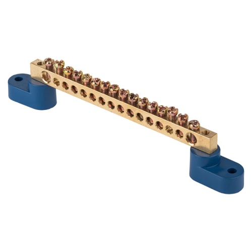 Шина "0" N (6х9мм) 16 отверстий латунь 2 синих угловых изолятора PROxima | код sn0-2-63-16 | EKF Шина "0" N (6х9мм) 16 отверстий латунь 2 синих угловых изолятора PROxima | код sn0-2-63-16 | EKF