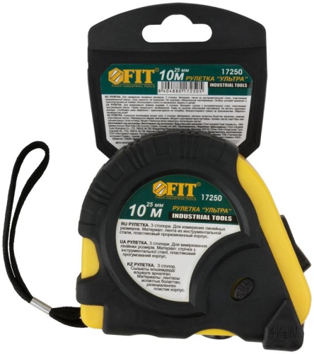 Рулетка прорезинен. корпус, тройной стопор ''Ультра'' 10 м x 25 мм | код 17250 | FIT фото 3