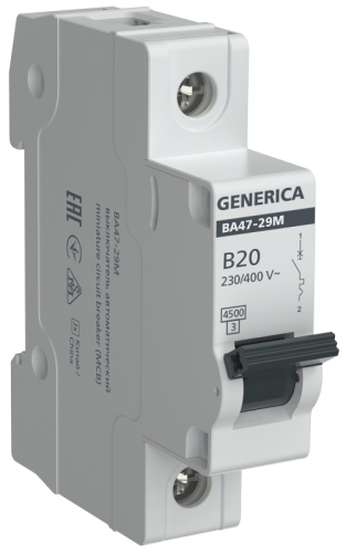 Авт. выкл. ВА47-29М 1P 20А 4,5кА B GENERICA | код MVA21-1-020-B-G | GENERICA by IEK Авт. выкл. ВА47-29М 1P 20А 4,5кА B GENERICA | код MVA21-1-020-B-G | GENERICA by IEK