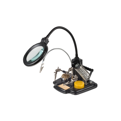 Держатель Третья рука REXANT, МАСТЕР , 3 зажима, лупа 90 мм, подставка паяльника, стенд припоя, LED подсветка | код 12-0258 | REXANT