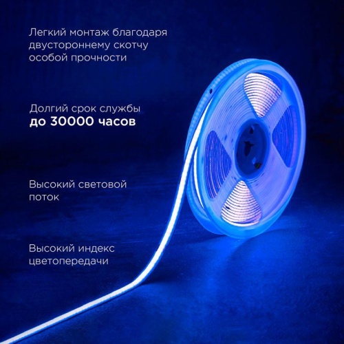 Лента светодиодная 24В COB 8Вт/м 320LED/м синий 8мм 5м IP20 | код 147-115 | REXANT фото 2 Лента светодиодная 24В COB 8Вт/м 320LED/м синий 8мм 5м IP20 | код 147-115 | REXANT фото 2