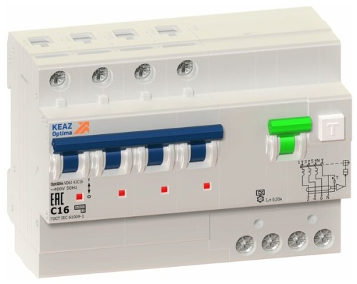 АВДТ с защитой от сверхтоков OptiDin VD63-42C16-A-УХЛ4 (4P, C16, 30mA) 10кА | код 350290 | КЭАЗ АВДТ с защитой от сверхтоков OptiDin VD63-42C16-A-УХЛ4 (4P, C16, 30mA) 10кА | код 350290 | КЭАЗ