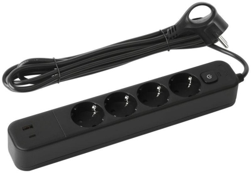 Удлинитель с сетевым фильтром 4х3м с заземл. 10А USF-4es-3m-2xUSBAC-B +2xUSBA+C 3.1A с выкл. с базов. защитой | код Б0059574 | Эра