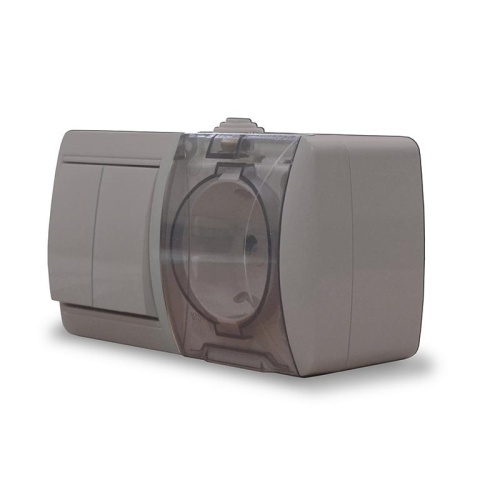 Клио блок наружный горизонтальный: выключатель двухклавишный + розетка с прозрачной крышкой, IP54, с/з, 16А, 220В, серый | код К2239-Gr | Universal фото 3