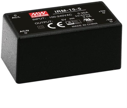 Источник питания AC-DC, 11.55 Вт, вход 85...264В AC 47...440 Гц, 120...370B DC, выход 3.3В/3.5А, изоляция 3000В AC, в корпусе на плату 52.4x27x24мм, -30...+70C | код IRM-15-3.3 | MeanWell