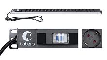 Cabeus PDU-16-20S-B Блок розеток для 19 шкафов, вертикальный, 20 розеток Schuko, 16А, автомат защиты, алюминиевый корпус, шнур с вилкой Schuko 2 м | код 9551c | Cabeus