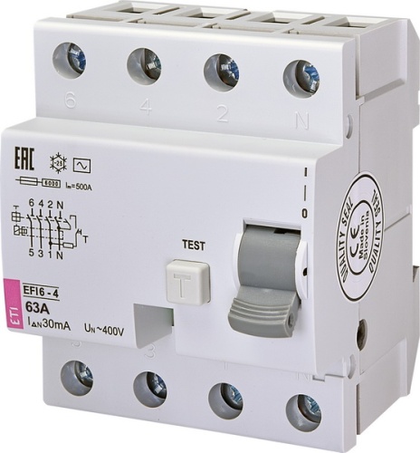 Реле дифференциальное (УЗО) EFI6-4 63/0,03 тип AC (6kA) | код 002062139 | ETI Реле дифференциальное (УЗО) EFI6-4 63/0,03 тип AC (6kA) | код 002062139 | ETI