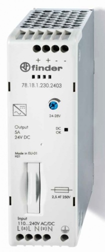 Импульсный источник питания, вход 120...240В AC/220В DC, выход 24В DC, 120Вт, компактный, степень защиты IP20 | код 781B12302403 | FINDER Импульсный источник питания, вход 120...240В AC/220В DC, выход 24В DC, 120Вт, компактный, степень защиты IP20 | код 781B12302403 | FINDER