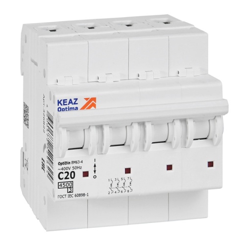Выключатель автоматический модульный OptiDin BM63-4C20-4,5-УХЛ3 | код 326822 | КЭАЗ