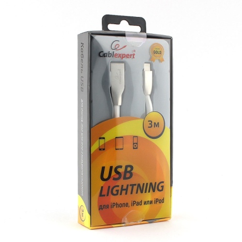 Кабель Cablexpert для Apple CC-G-APUSB01W-3M, AM/Lightning, серия Gold, длина 3м, белый, блистер | код CC-G-APUSB01W-3M | Cablexpert