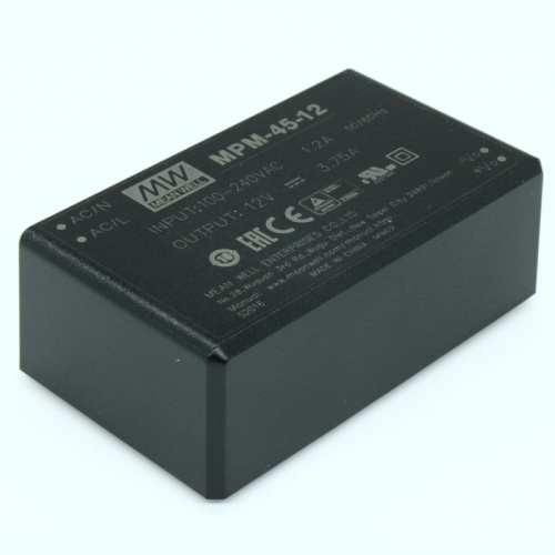 Источник питания AC-DC, 45Вт, вход 80…264В AC, 47…63Гц / 113…370В DC, выход 12В/3750мА, КПД 91.5%, ток утечки <100мкА/264В AC, изоляция 4000В AC, в корпусе 87х52х29.5мм, -30…+80С | код MPM-45-12 | MeanWell Источник питания AC-DC, 45Вт, вход 80…264В AC, 47…63Гц / 113…370В DC, выход 12В/3750мА, КПД 91.5%, ток утечки <100мкА/264В AC, изоляция 4000В AC, в корпусе 87х52х29.5мм, -30…+80С | код MPM-45-12 | MeanWell