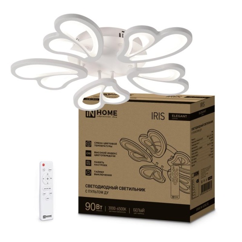 Светильник светодиодный ELEGANT IRIS 90Вт 3000-6500К 7000лм 230В 545х557х90мм с пультом ДУ бел. | код 4690612051475 | IN HOME Светильник светодиодный ELEGANT IRIS 90Вт 3000-6500К 7000лм 230В 545х557х90мм с пультом ДУ бел. | код 4690612051475 | IN HOME