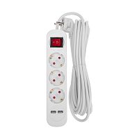 Удлинитель STANDARD 3 гнезда, 5м, 3х1,0мм?, с/з, с выключателем, 2 USB, белый REXANT | код 13-4017 | REXANT