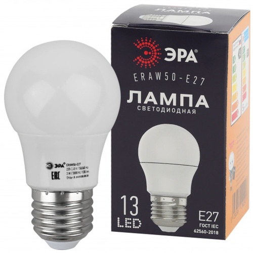 Лампа светодиодная ERAW50-E27 A50 3Вт груша бел. E27 13SMD для белт-лайт | код Б0049582 | Эра