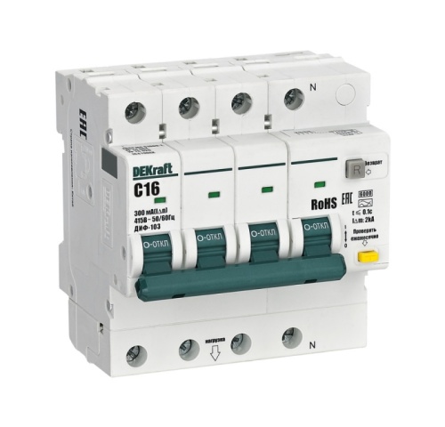 АВДТ 3P+N 16А 300мА AC х-ка C ДИФ-103 6кА | код 16419DEK | DEKraft АВДТ 3P+N 16А 300мА AC х-ка C ДИФ-103 6кА | код 16419DEK | DEKraft