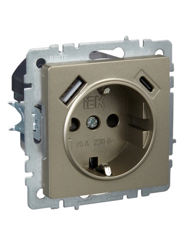 Розетка BRITE РЮш11-1-БрШ 16А с USB A+C 18Вт с заземл. защ. шторки шампань | код. BR-R14-16-U22-018-K37 | IEK фото 3 Розетка BRITE РЮш11-1-БрШ 16А с USB A+C 18Вт с заземл. защ. шторки шампань | код. BR-R14-16-U22-018-K37 | IEK фото 3