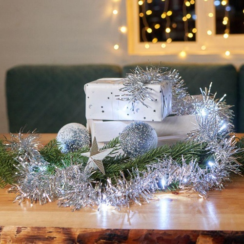 Гирлянда светодиодная "Мишура 1.5м 10LED" серебр. бел. провод прозр. 2хAA (батарейки не в комплекте) | код 304-011 | Neon-Night