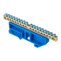 Шина "0" N (6х9мм) 18 отверстий латунь синий изолятор на DIN-рейку PROxima | код sn0-63-18-d | EKF