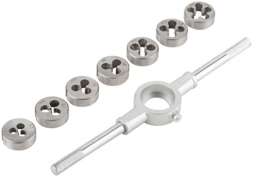 Плашки метрические, легированная сталь Профи 8 шт. М3-М12, плашкодержатель, блистер | код 70803 | FIT фото 2