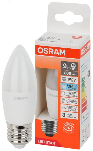Лампа светодиодная LED Star Свеча 9Вт (замена 75Вт), 806Лм, 6500К, цоколь E27 OSRAM | код 4058075697102 | LEDVANCE