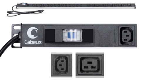 Cabeus PDU-16-14C13-10C19-B-C14 Блок розеток для 19 шкафов, вертикальный, 10 розеток IEC 320 C19, 14 розеток IEC 320 C13, 10А, автомат защиты, алюминиевый корпус, шнур с вилкой IEC 320 С14 2м | код 9553c | Cabeus