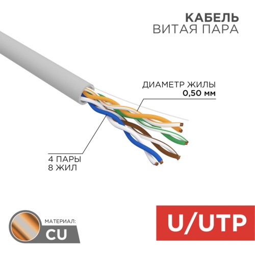 Кабель витая пара U/UTP, CAT 5e, PVC, 4PR, 24AWG, INDOOR, SOLID, серый, 305м, РФ REXANT | код 01-0043-R | REXANT