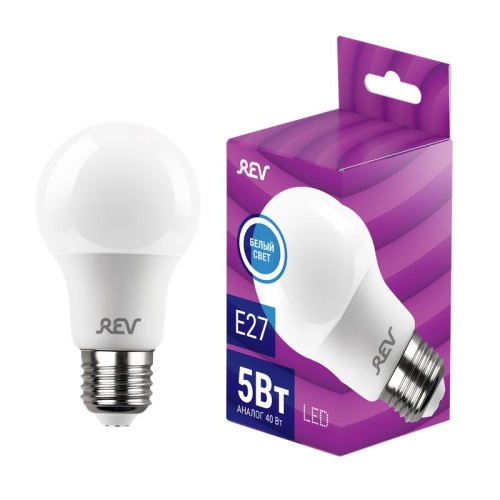 Лампа светодиодная 5Вт A60 грушевидная 4000К нейтр. бел. E27 420лм 180-240В | код 32345 7 | REV